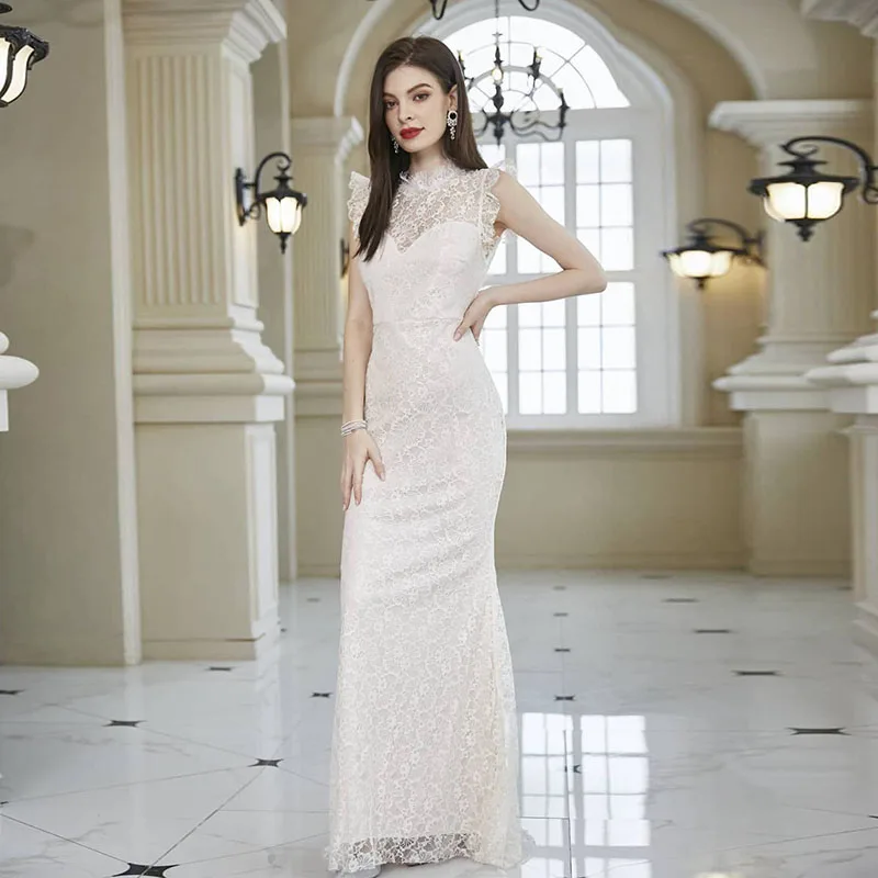 

Elegant Women White Lace Wedding Dress Slim Sheath Vestido De Novia Talla Grande Mujer Embroidery Backless Female Robe De Mariée