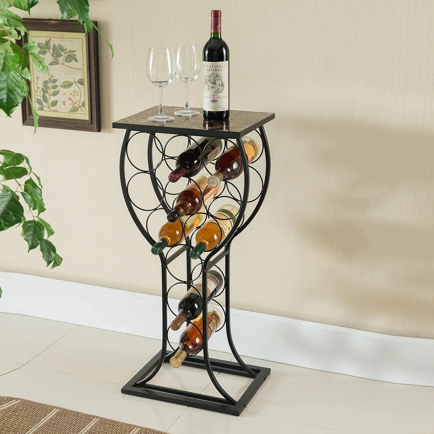 Freestanding Floor Wine Rack Stand, Mini Bar Table Storage & Display Holder, That Holds 11 Bottles, Marble Finish Table Top