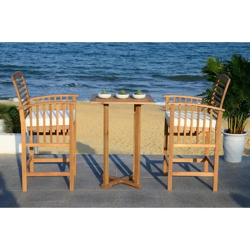 Conjunto de bistrô de mesa de bar de 3 peças com almofadas naturais/brancas/almofadas marinhas da coleção ao ar livre