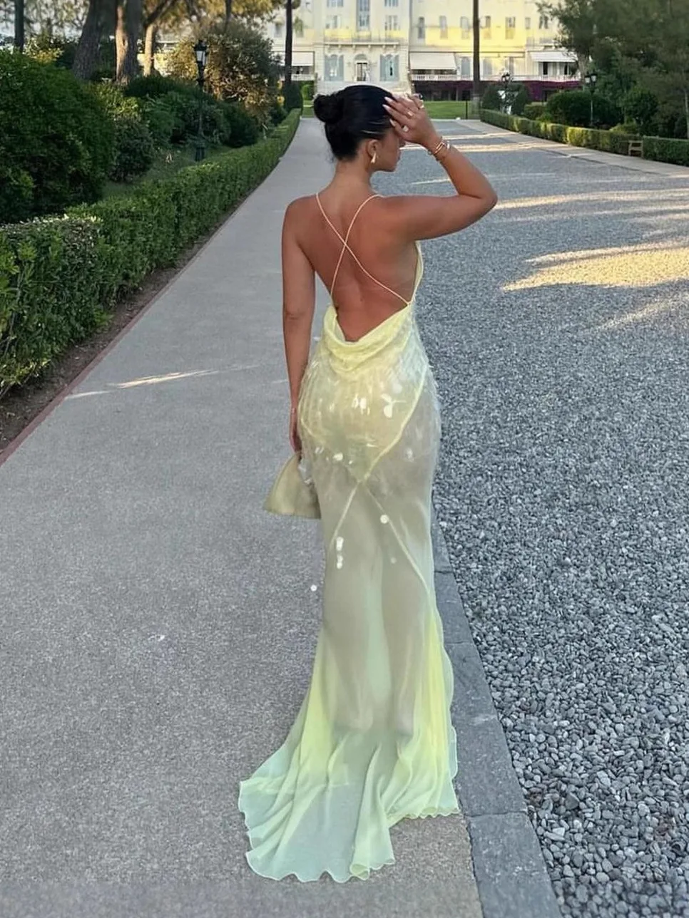 Vestidos sexis de sirena con escote en V profundo y lentejuelas para mujer, vestido ajustado sin espalda sin mangas con cordones de gasa, vestido Maxi para fiesta elegante de verano para mujer