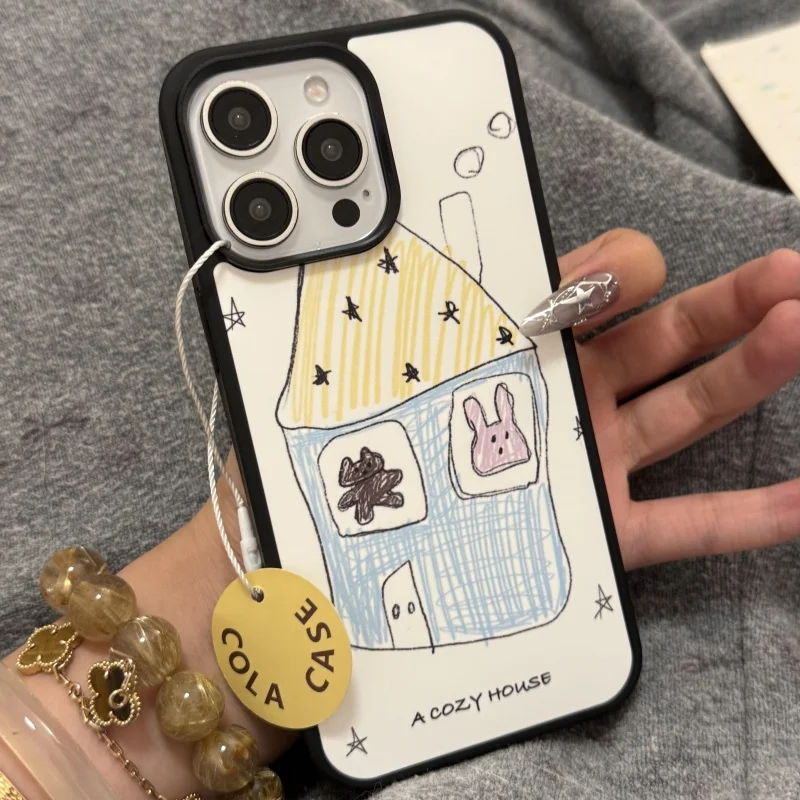 Bonito pintado à mão coelho urso casa coreano ins kawaii criativo caso de telefone para iphone 16 15 14 13 12 11 pro max plus y2k capa