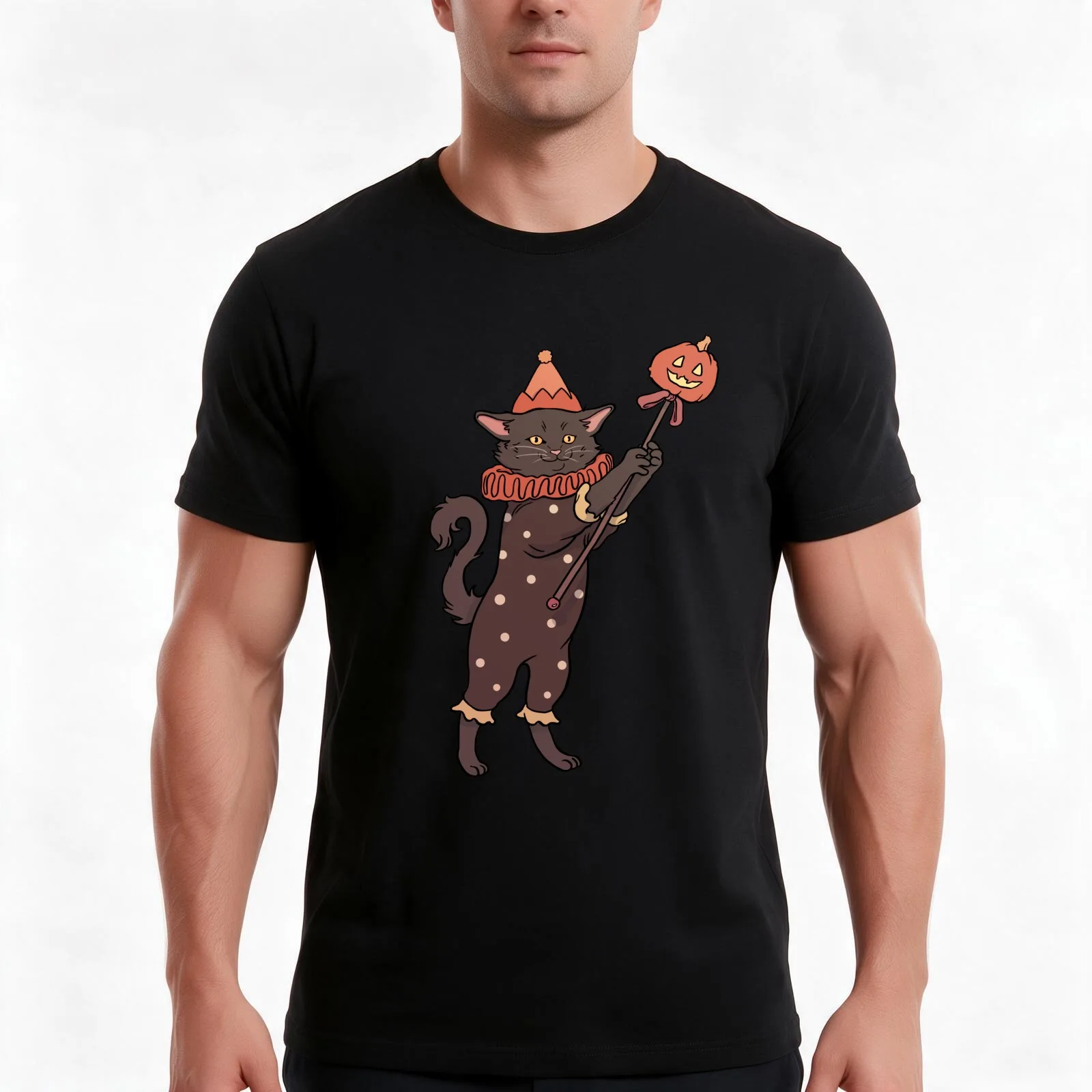 Halloween Clown Cat T-Shirt, Summer Casual Cotton Tee, Oversized Streetwear Tops, Vintage Graphic Print, Loose Fit Short Sleeve