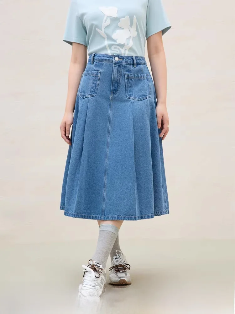 

Новая летняя модная универсальная юбка из денима с высокой талией, плиссированная, с двойными крючками, для полных женщин