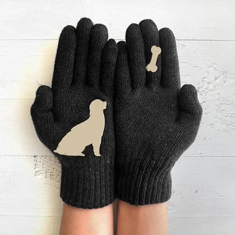 Womens Winter Gloves Warm Knit Fingers Gloves For Women Dog Want Bone Stitching Print Full Fingers Winter Outdoor Thermal Mitten