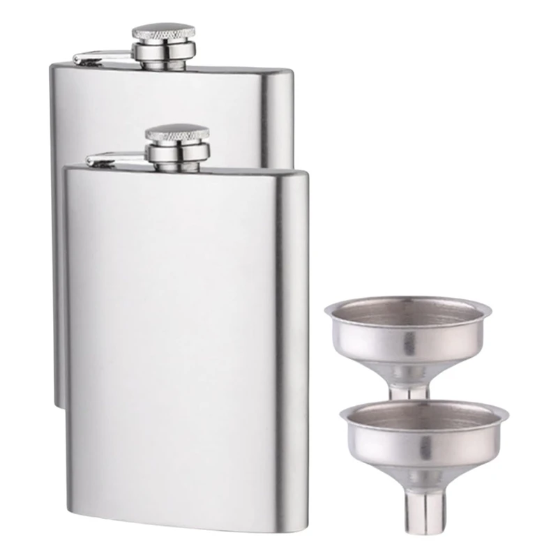 Hip Flask X2 Stainless Steel 304 8 Oz With Funnel - Leak-Proof, Stylish And Portable Bottle Set For Men And Women