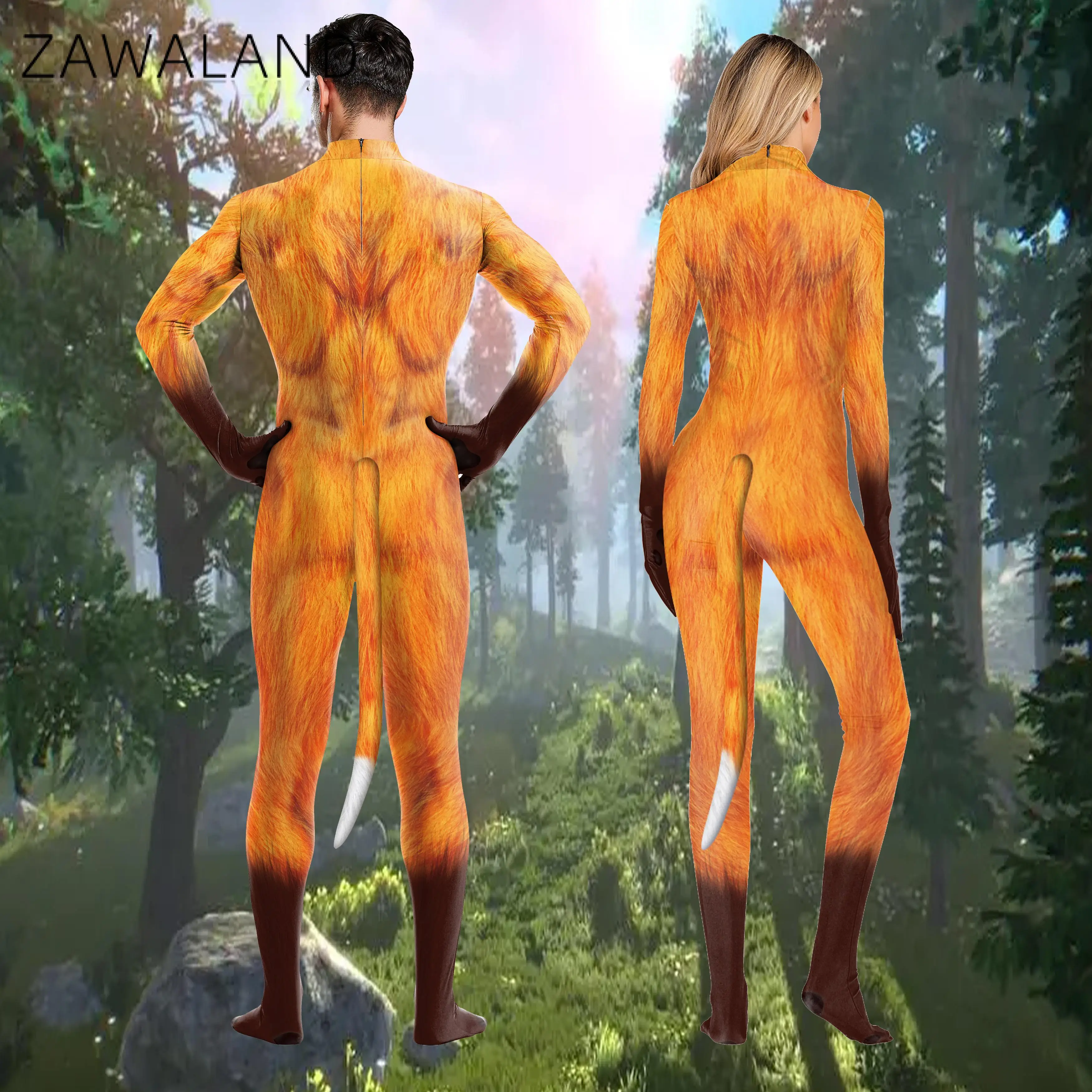 Zawaland-disfraz de Halloween para hombre, traje completo con estampado de zorro, Catsuit de fantasía para adultos, Bondage