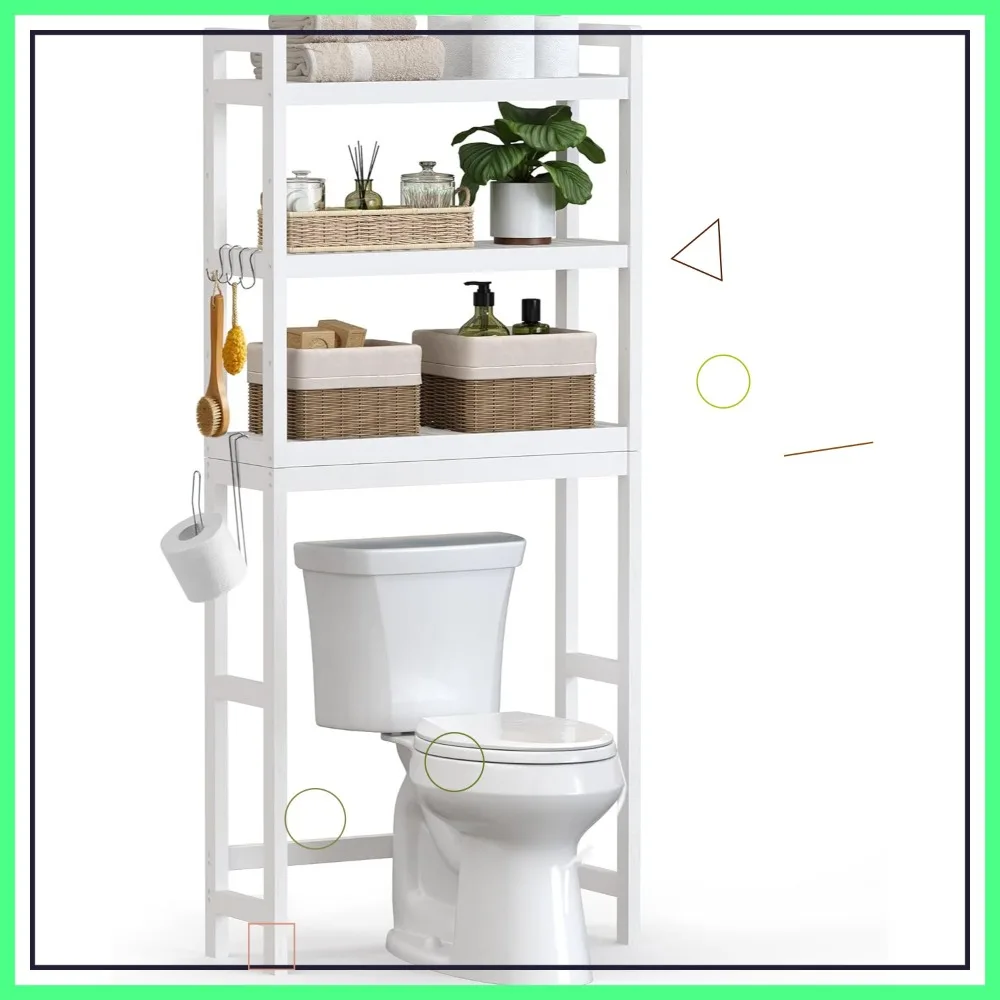 

3-уровневая полка для хранения над унитазом, регулируемый органайзер для ванной комнаты с крючками, компактный белый дизайн для небольших квартир