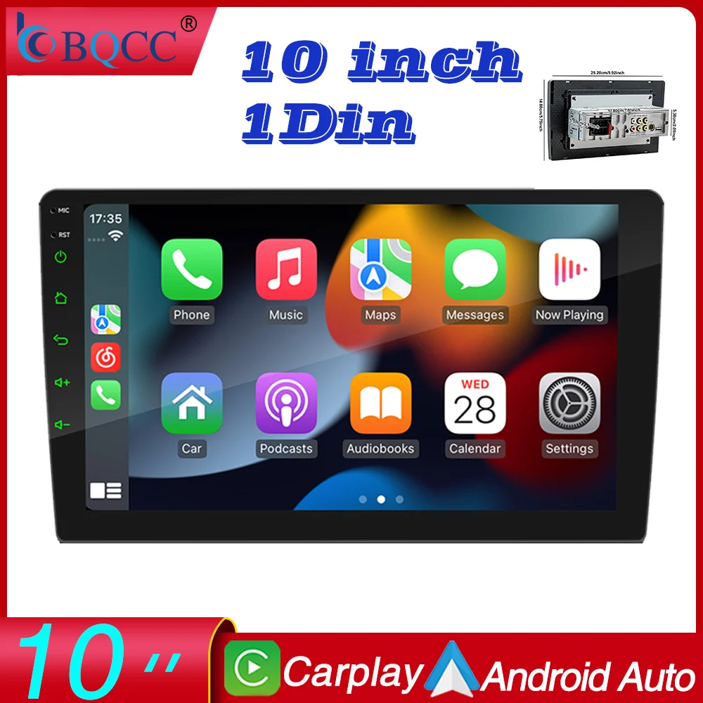 

BQCC 10'' 1DIN Universal Car Player Wireless CarPlay Android Auto FM AM 7 Color LED Lights Wiring Protection Stereo Radio