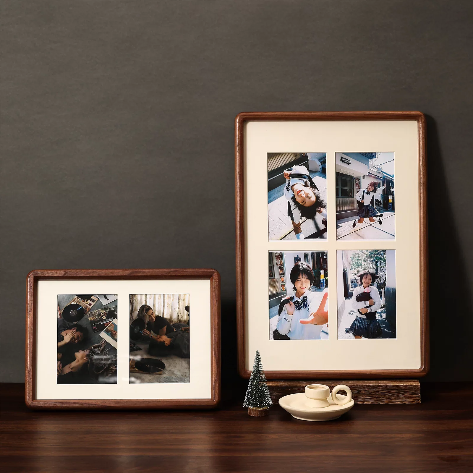 Couple Memorial Dual‑Use Photo Frame, Solid Wood Double‑Layer Rounded Corner 6‑8 Inch, Desktop Wall Hanging Home Decor