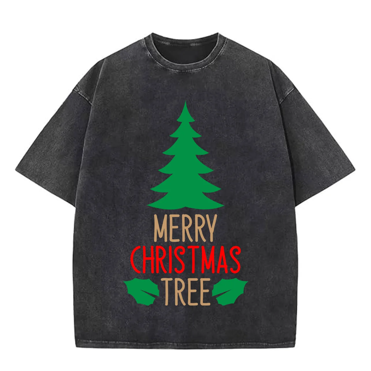 تي شيرت Merry Christmas Tree 230 جرام من القطن الثقيل المغسول كبير الحجم للرجال برسومات عيد الميلاد تي شيرت كاجوال كلاسيكي #2