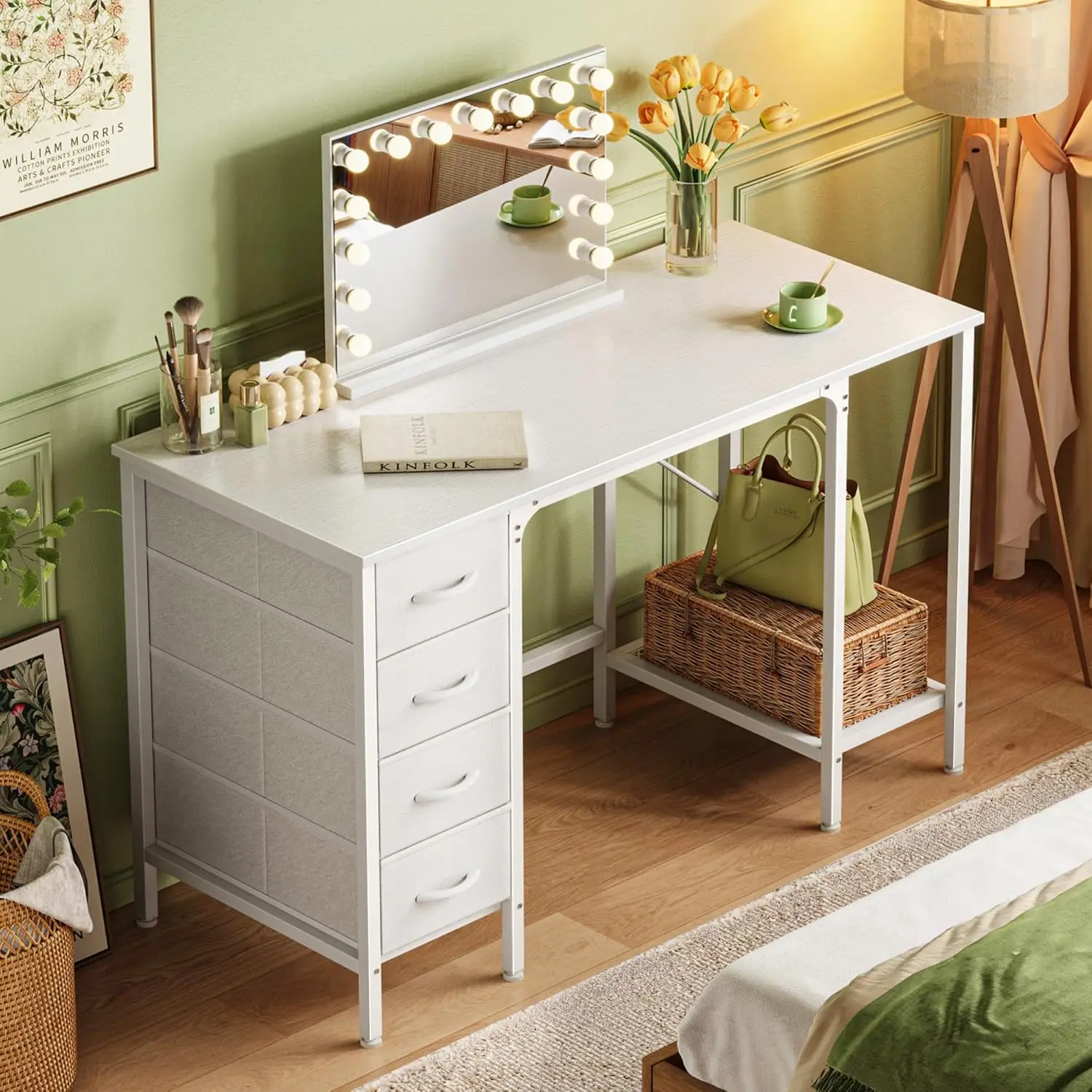 

47 Inch White Desk with 4 Drawers, Vanity Desk with Mesh Shelf, Study Table with Large Storage, Computer Desk