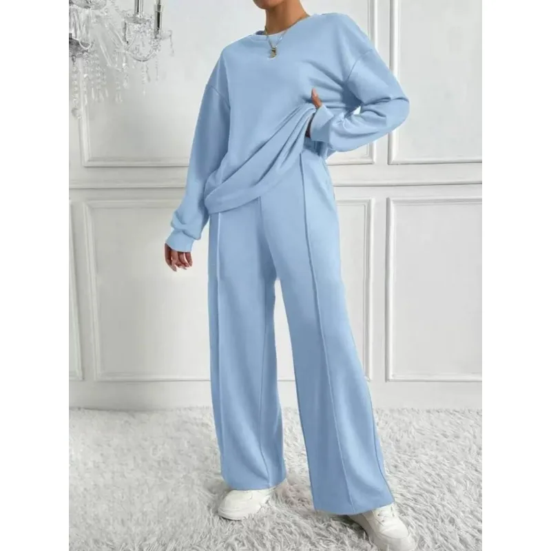 ファッションカジュアルシンプル秋ツーピースセット2025レディース無地Vネック長袖プルオーバー+ストレートレッグパンツカジュアルスーツ