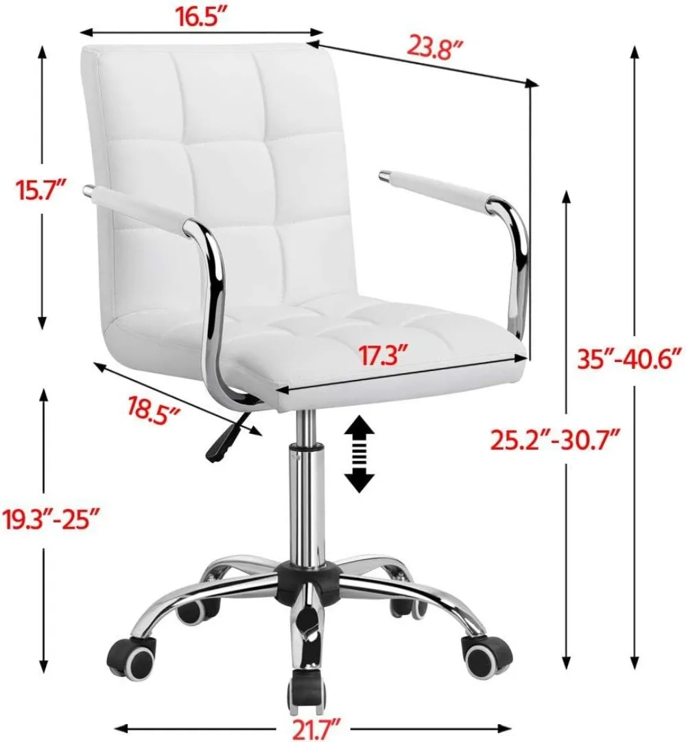 White Desk Chairs with Wheels/Armrests Modern PU Leather Office Chair Midback Adjustable Home Computer Executive Chair 360°