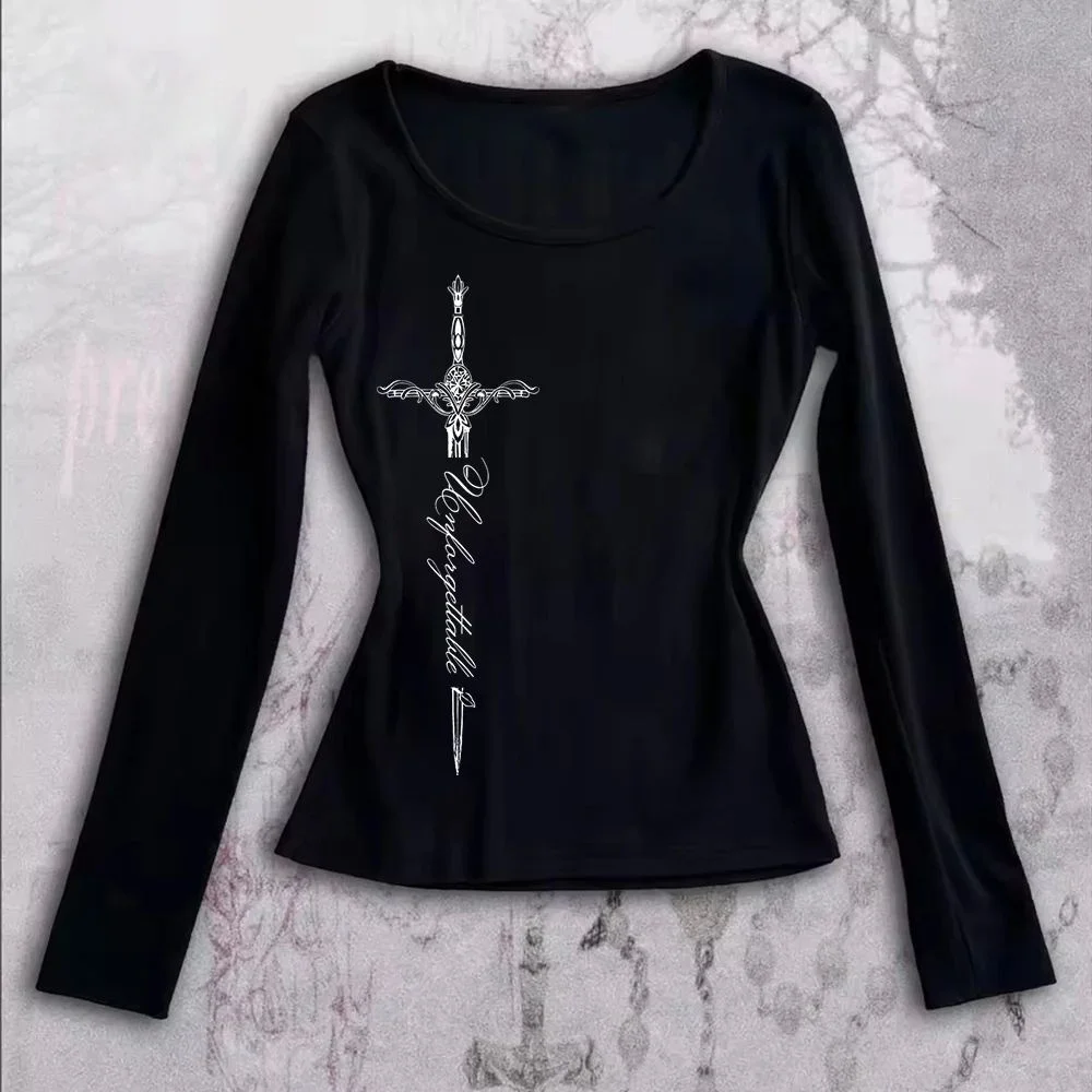 Vintage Women's Long Sve T-irt Aphic Print O-Ne Cleanfit Sle Ladies Faion Winter Collection Linen Material A-Line ...