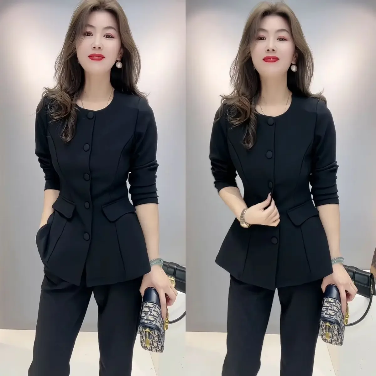 

New High End Elegant Women's Two Piece Set Office Lady O-Neck Long Sleeve Single Breasted Shirt Top + Straight Legs Pants Suit