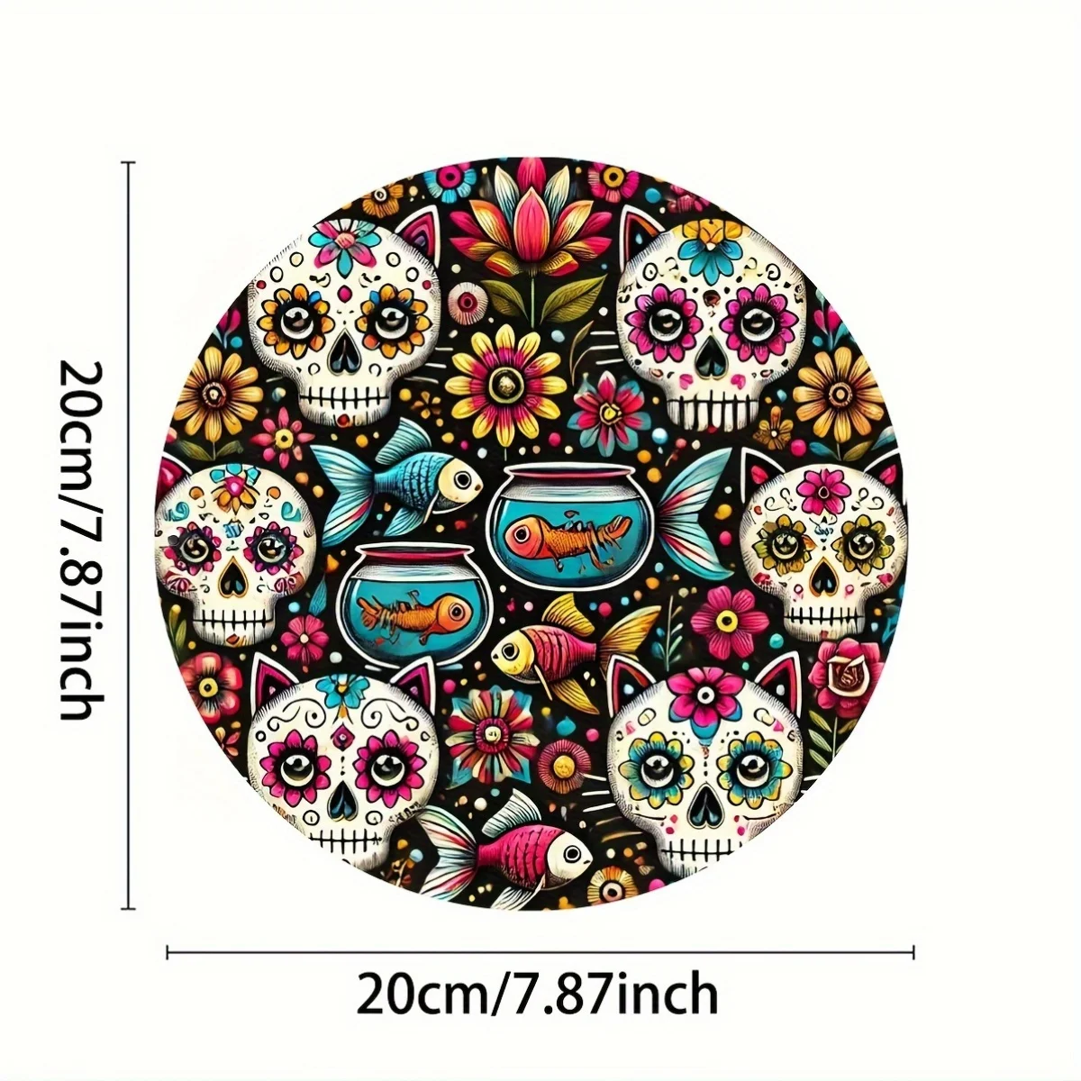 Round Sugar Skull Cat Fish Floral 2D Flat Aluminum Sign 20x20cm, Colorful Day Of The Dead Flower Goldfish Print Circular Wall Pl