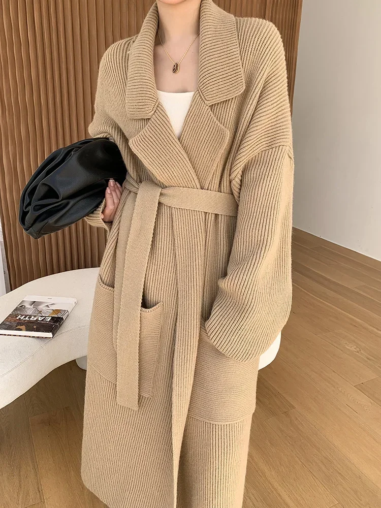 Autumn Winter Lace-up Long Knitted Cardigan Women 2025 New High-end Retro Notched Collar Design Casual Sweater Coats Female