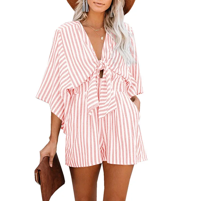 2025 Summer Waist Thin Striped Jumpsuit Women's Foreign Trade Deep V Horn Sleeve Three-point Pants Cw17265