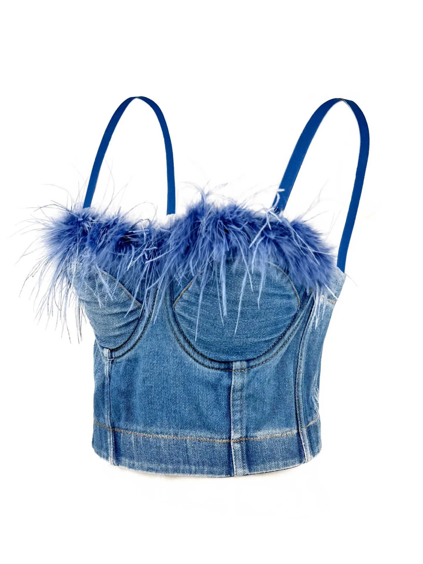 New Denim Corset Bustier Women Feather Hand-made Short Top Vest Sexy Bra Push-up Chest Pad Party Night Club Crop Top 4D928