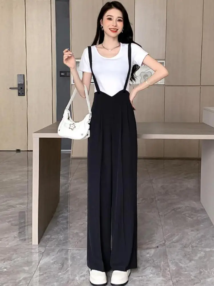 女性用ワイドレッグプリーツジャンプスーツ、ルーズストラップパンツ、ハイウエスト、ワイドレッグ、シンプル、カジュアル、ブラック、グレー、春、夏、用途、韓国ファッション