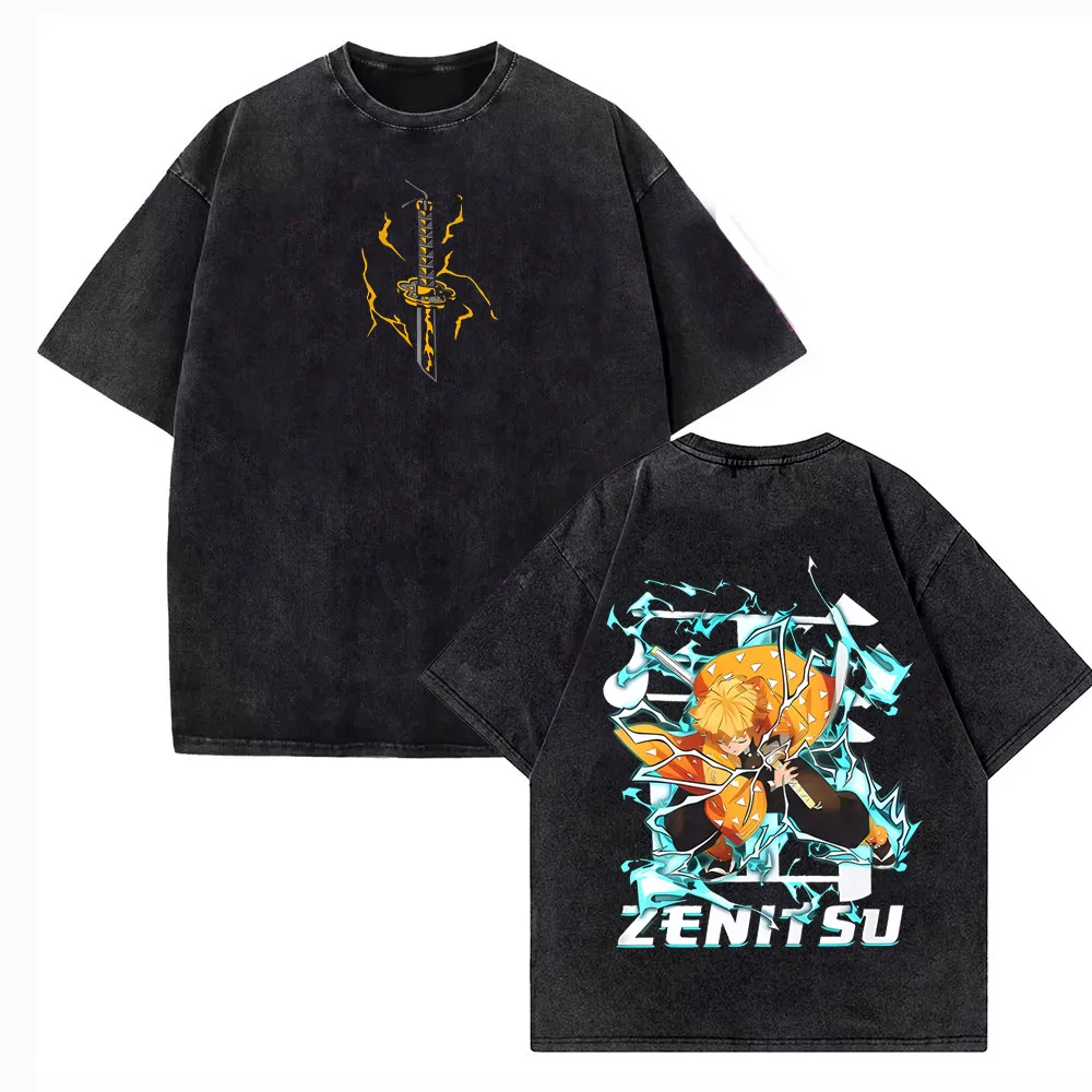 Zenitsu Demon Slayer Graphic T-shirt Manga Vintage Washed T Shirt Men Women Clothing Cotton Soft Short Sleeve Tees
