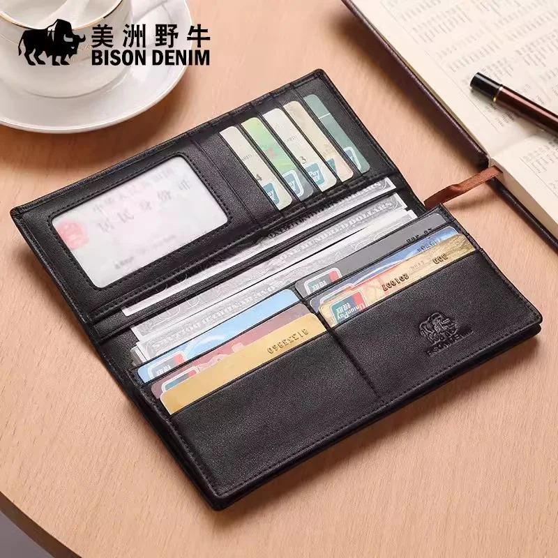 BISON DENIM Cowskin Leather Men Wallets Multi-Functional Cowhide Coin Purse Slim Genuine Leather Wallet Men Card Holders N4437