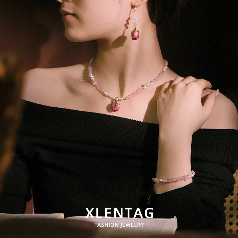 Natural Freshwater Pearl Pink Flower Jewelry Set for Women Daily Valentine's Day Dating Jewelry Gift Pearl Jewelry Set Fashion J