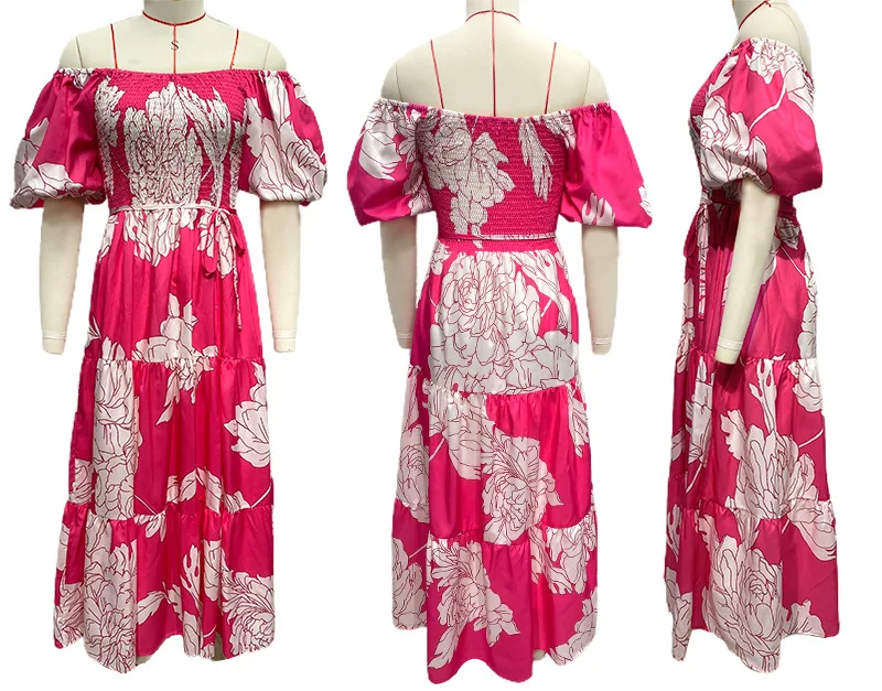 Abiti estivi con stampa floreale ritagliata con scollo a O Abiti eleganti da donna a maniche corte Abito casual a pieghe Abito lungo da spiaggia altalena