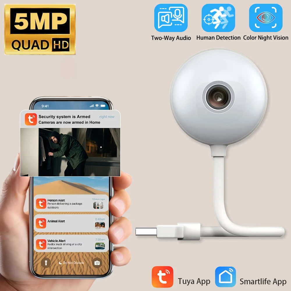 

Миниатюрная умная USB-лампочка Tuya с камерой 5MP Wi-Fi, внутренняя 2K камера безопасности для видеонаблюдения за ребенком, с функцией автоматического отслеживания, беспроводная IP-камера для видеонаблюдения.