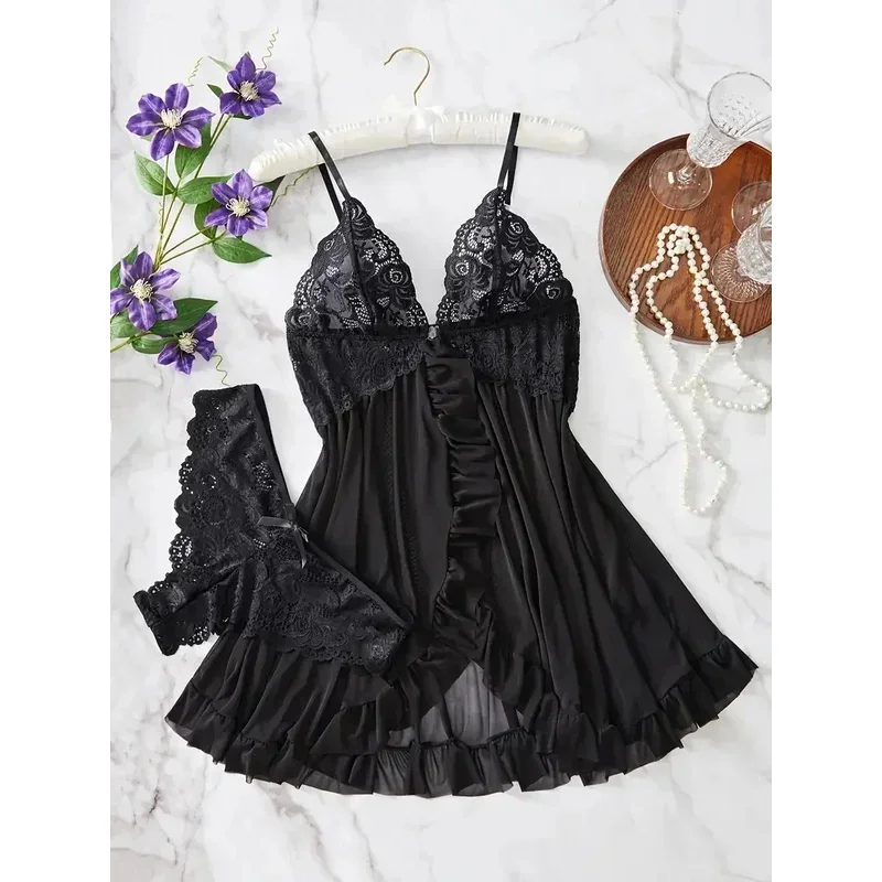 Women nightdress sexy lace fossil bow nightgown mini dress V neck full slip babydoll lingerie sleepy Wear & dresses