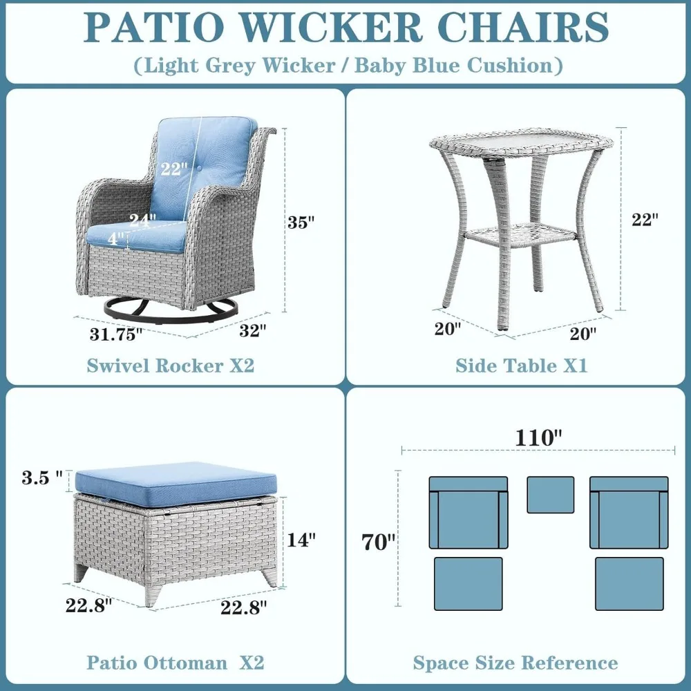 Patio Swivel Rocker Furniture Set: Outdoor Swivel Glider Wicker Chairs with Ottomans Side Table, Outdoor Furniture