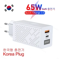 65W GaN Charger USB Type C PD QC 3.0 Korea KR Plug Quick Charge Adapter for MacBook iPad Laptop iPhone 15 14 Pro Max Samsung S23