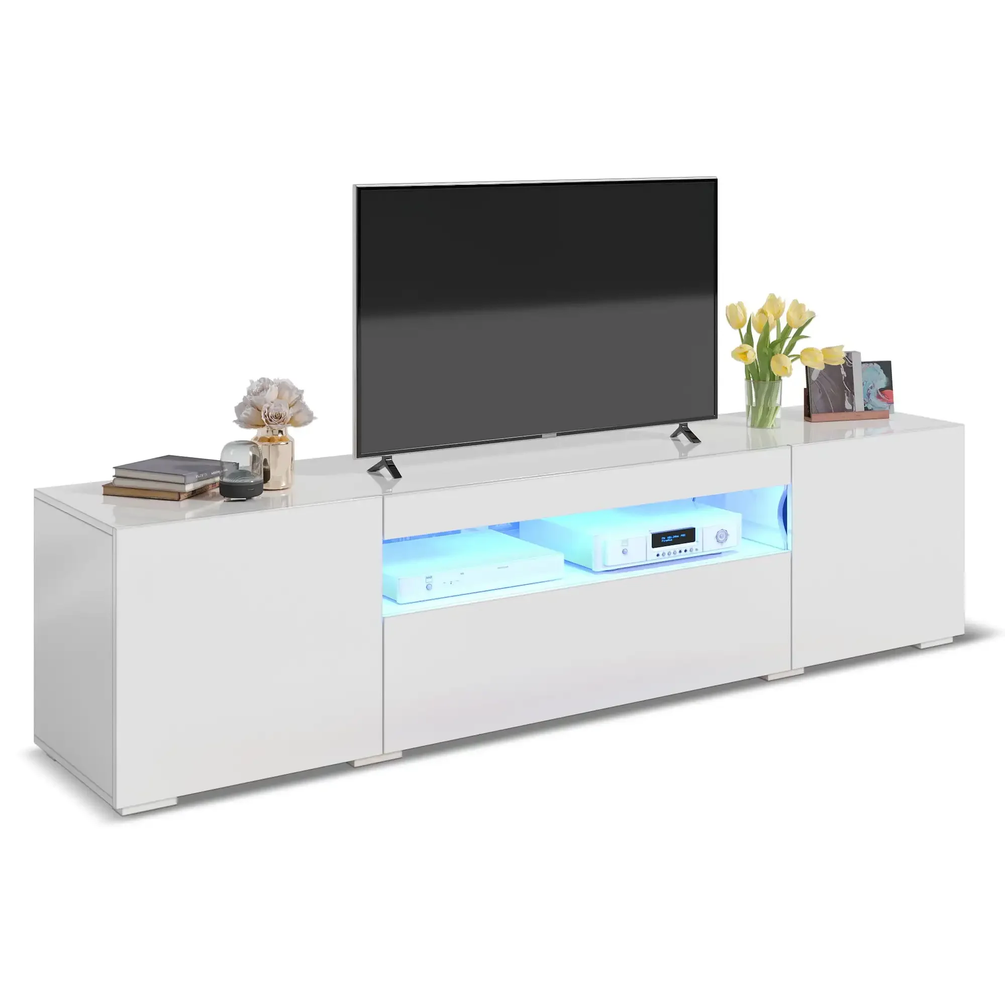 Large LED TV stand for 75 inch TVs White High Glossy Media Center with 2 Cabinets and 1 Drawer for Living Room 70