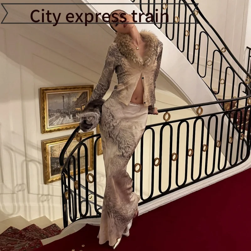 

Сексуальный облегающий кардиган с длинными рукавами и лацканами, юбка с завышенной талией из полиэстера с принтом, сексуальный кружевной пэчворк, модная одежда для женщин, зима 2025