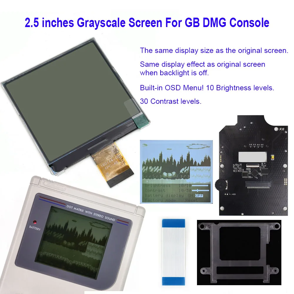 HISPEEDIDO 2.5 Inches Grayscale LCD Screen Kit For GameBoy GB DMG Same Display Size Easy Install Drop-in OSD Menu w/New Shell