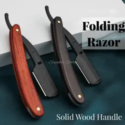 Old Sandalwood Folding Razor Retro Men's Manual Shaving Knife Holder Frosted Zinc Alloy Barber Tools For Men Gift With 10 Blades