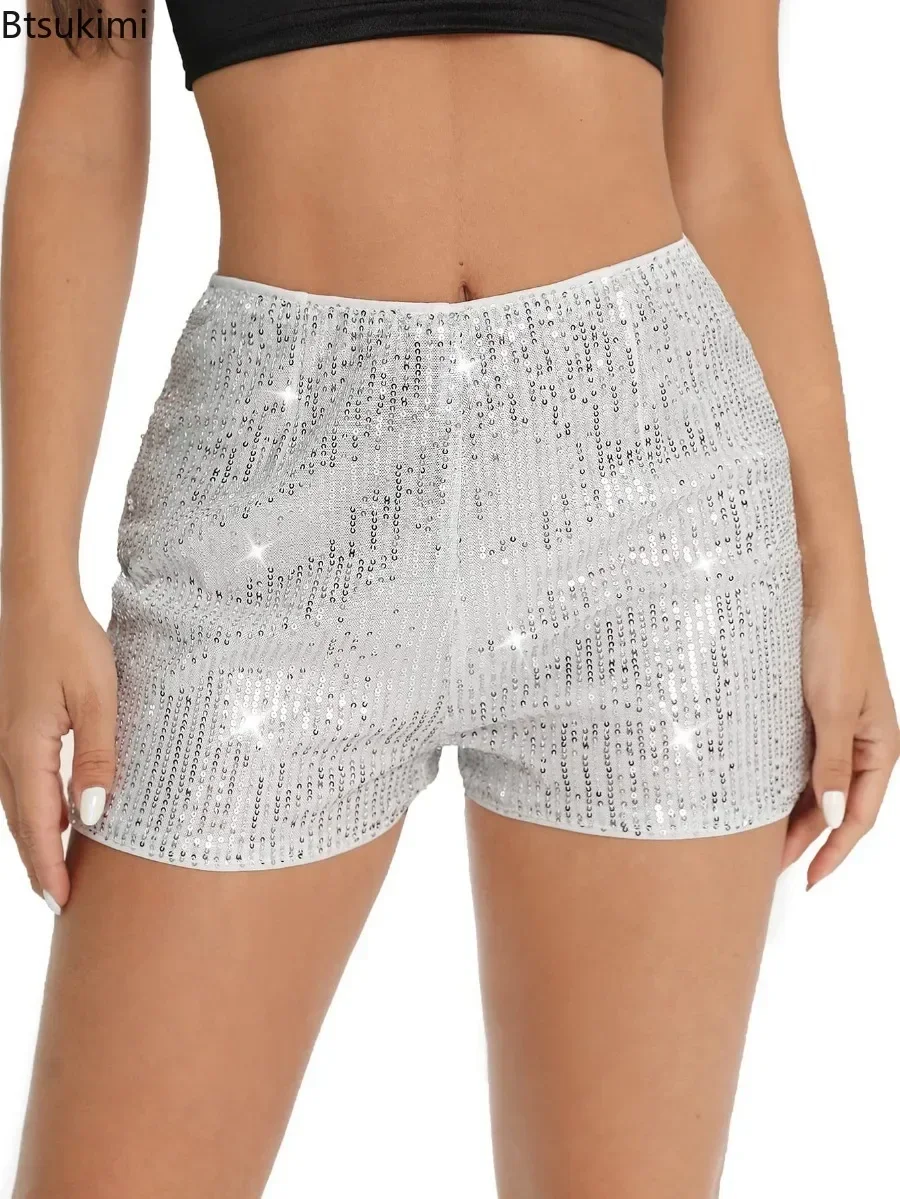 Pantalones cortos con lentejuelas para mujer, Shorts sexys de cintura media alta, elásticos, brillantes, de pierna recta, brillantes, sólidos, para fiesta y Club, 2024