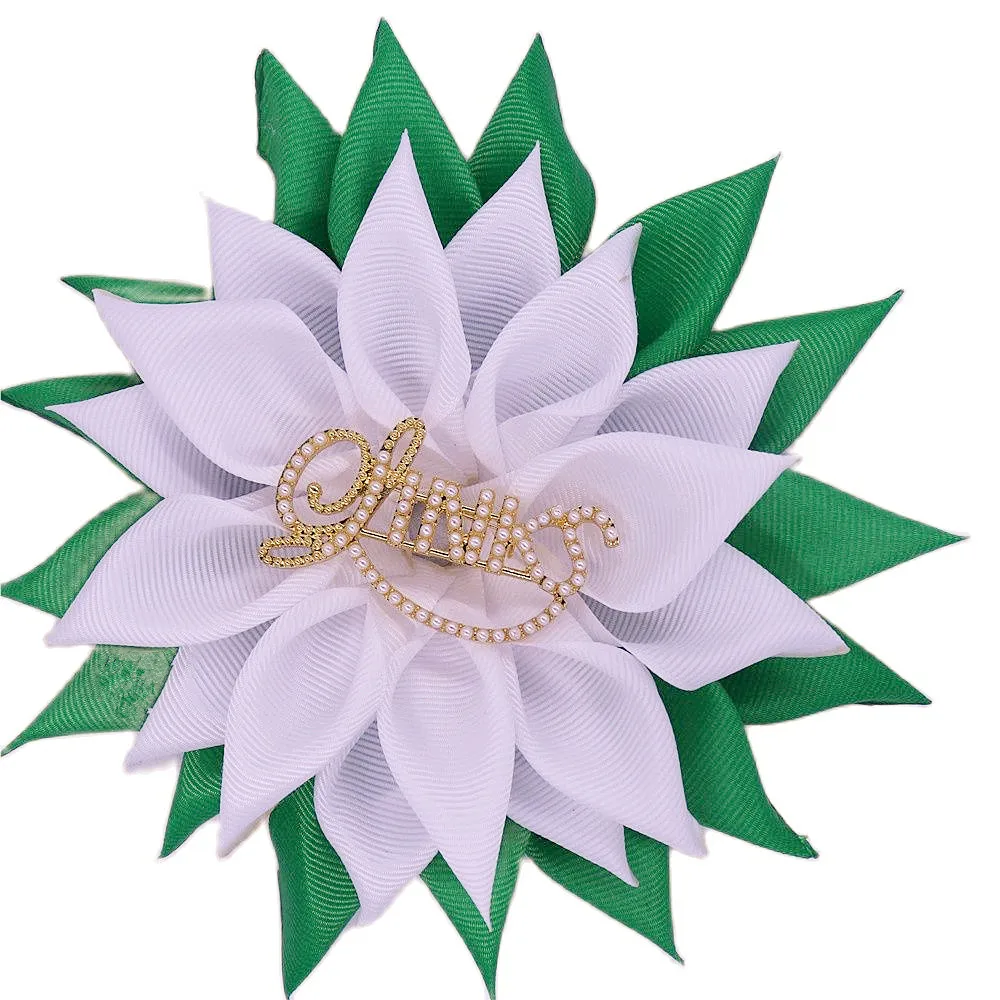 Fashion Ladyers Satin White Green Ribbon Corsagae Sun Flower Greek Social Incorporated Links Brooch Sorority Pin For Ladys