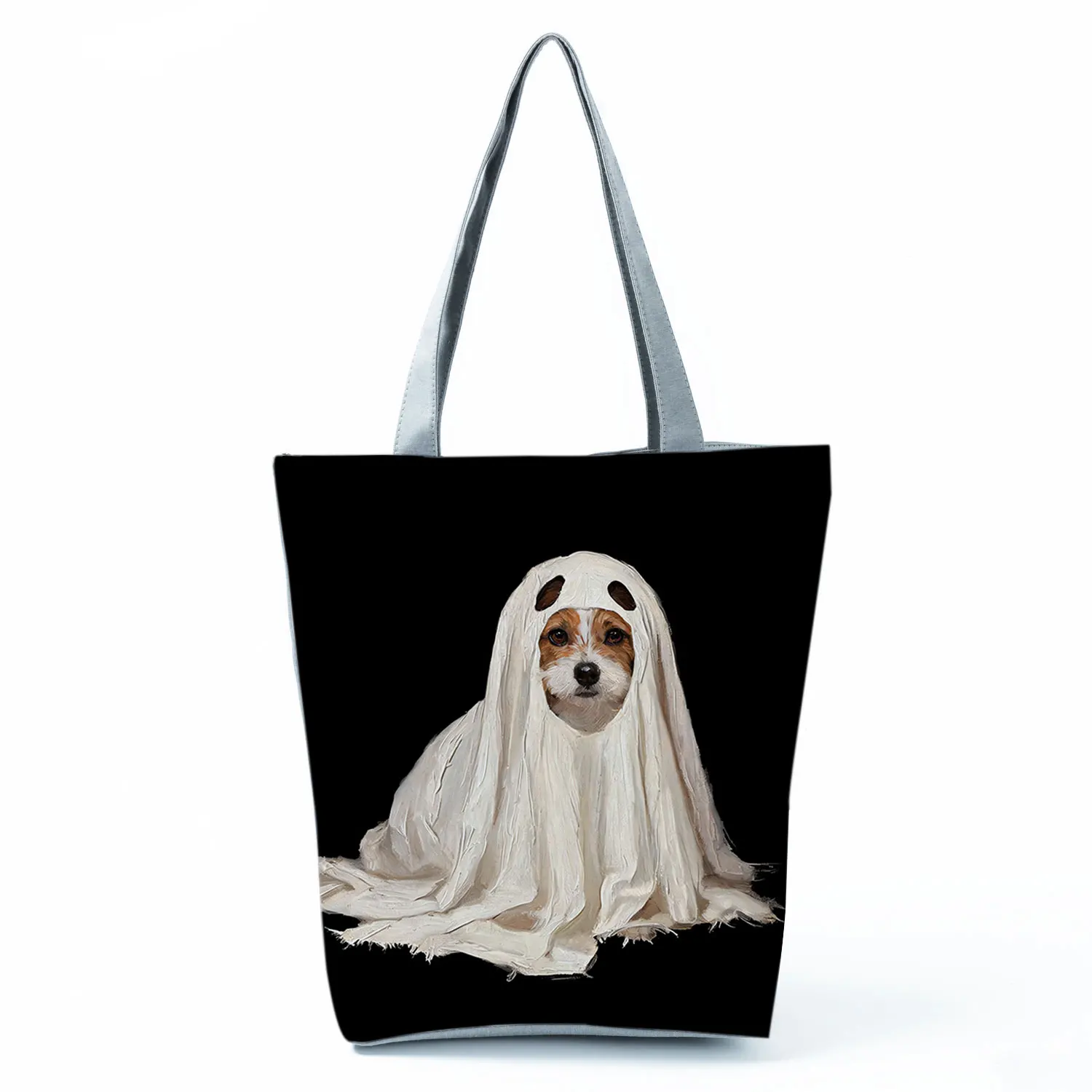 Bolso de hombro estampado con motivos de Halloween, disfraz de fantasma para perros, bolso de compras plegable, bolso de mano con cremallera, bolso de mano portátil, bolso de mano informal, gran capacidad.
