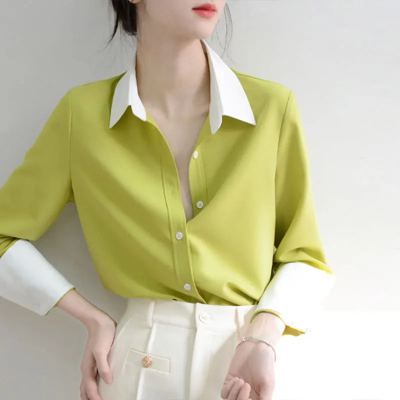 Stylish Solid Color Patchwork Shirt Spring Autumn Korean Loose Female Clothing Commute Polo-Neck Casual Single-breasted Blouse