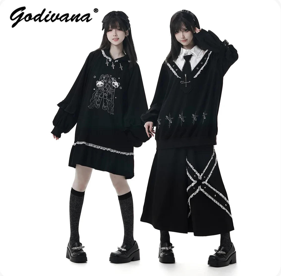 Preppy Style Girl Student Sweet Cool Hooded Print Hoodie Dress Lace Ruffles Patchwork Long Sleeve Loose Sweatshirt Culottes Suit