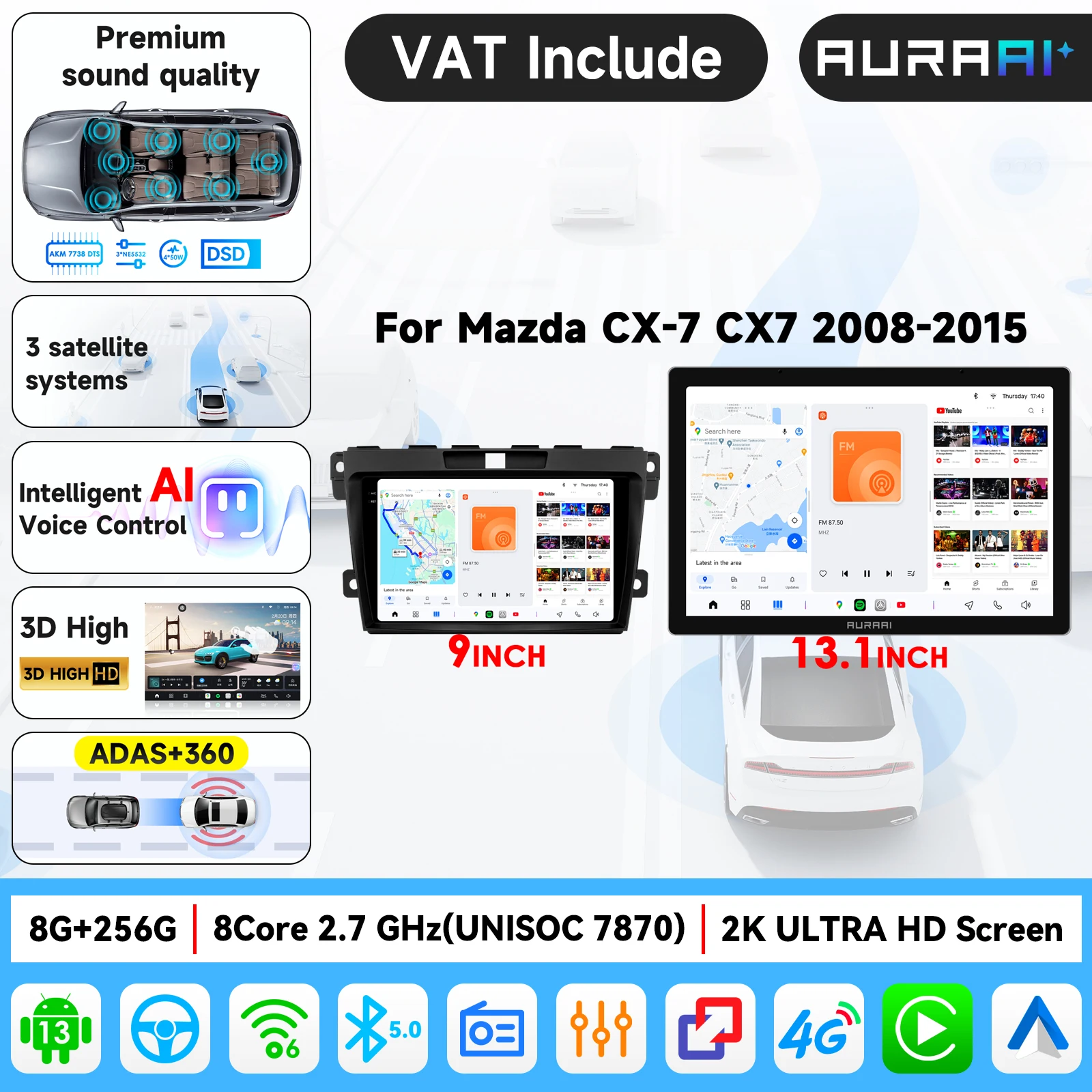 Sistema Inteligente para Auto AURA AI de 9'', Radio con Carplay 4G LTE para Mazda CX7 CX-7 2008-2015, Reproductor Multimedia, Audio Estéreo, Video, Cámara 360, Pantalla 1920*1200 Ultra 3D, Radio en Línea, Amplificador TDA7708,7851, AKM 7738 DTS, con Advertencia de Seguridad al Estilo Tesla
