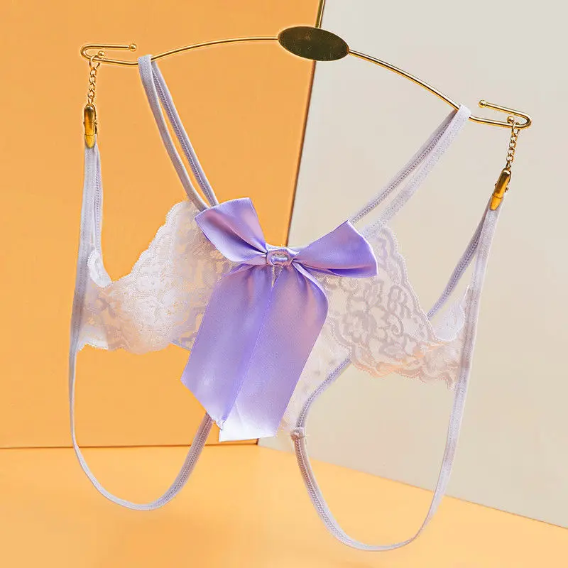 Hot Sale Women's Sexy Hollow Out Thong Lingerie Open Crotch Underwear Lady's Crotchless Lace Panties With Bow Plus Size M - XXL