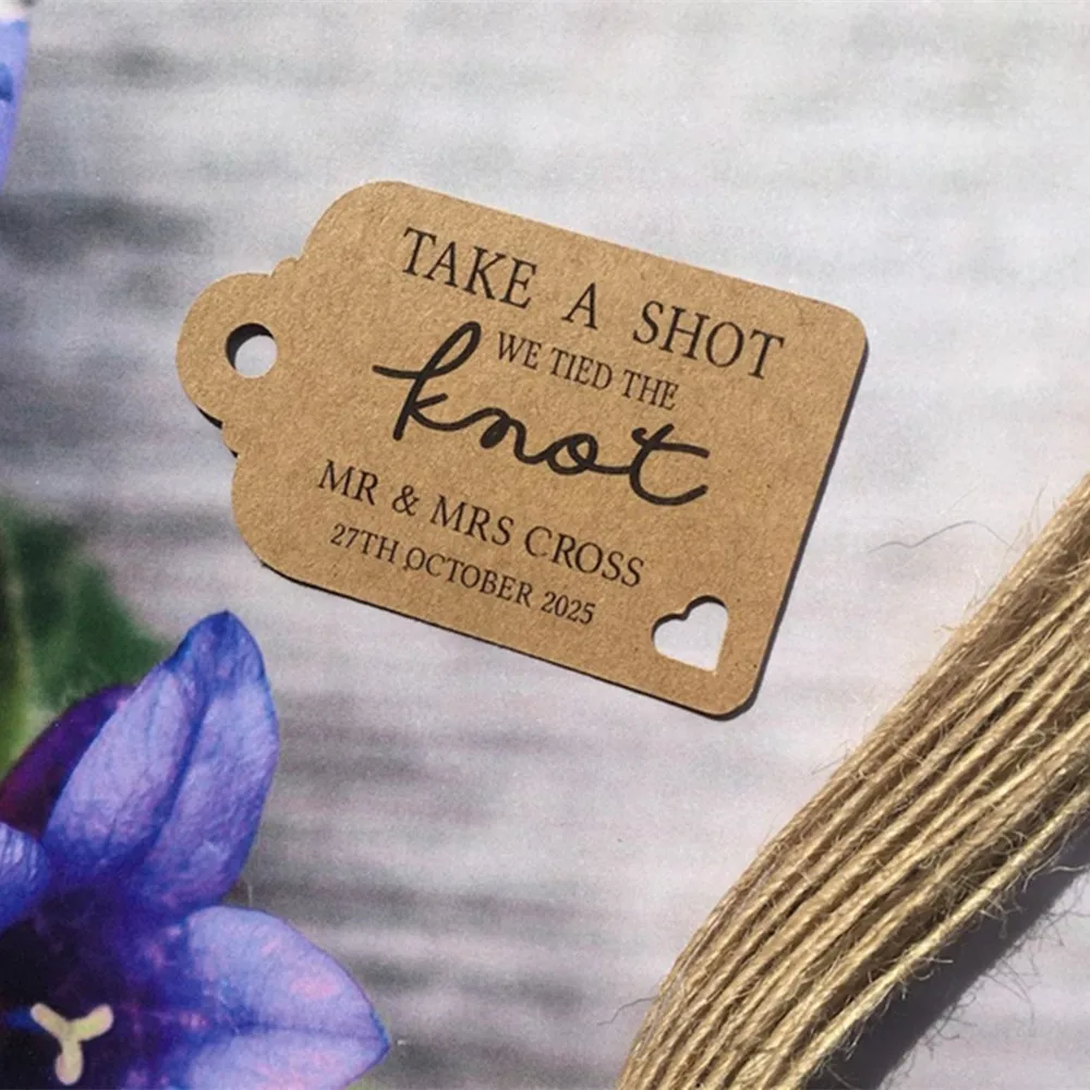 50pcs Personalised We Tied the Knot Take a Shot Wedding Favour Tags Thank You 30911