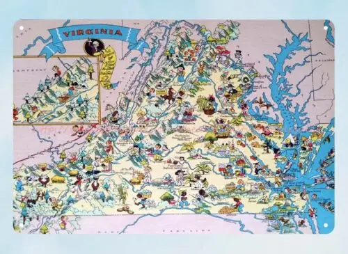 Pictorial map of VIRGINIA state by Ruth Taylor 1935 metal tin sign office plaque