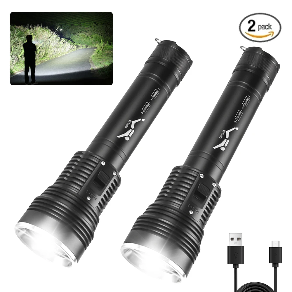 Powerful 3000 Meters LED Flashlight With Side Light 7 Modes USB Rechargeable  With 300W Tactical Lantern Camping Lanter