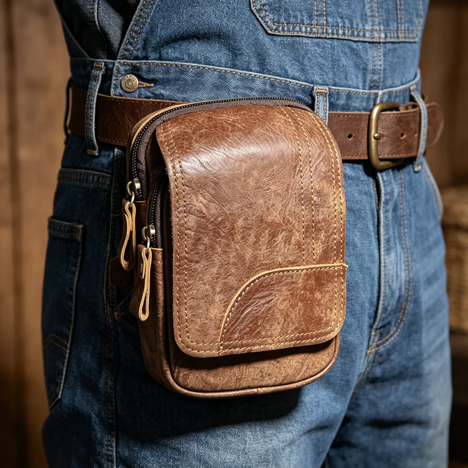 pure-cowhide-leather-belted-men's-outdoor-multi-functional-mobile-phone-waist-bag-durable-casual-style-cycling-hiking-climbing