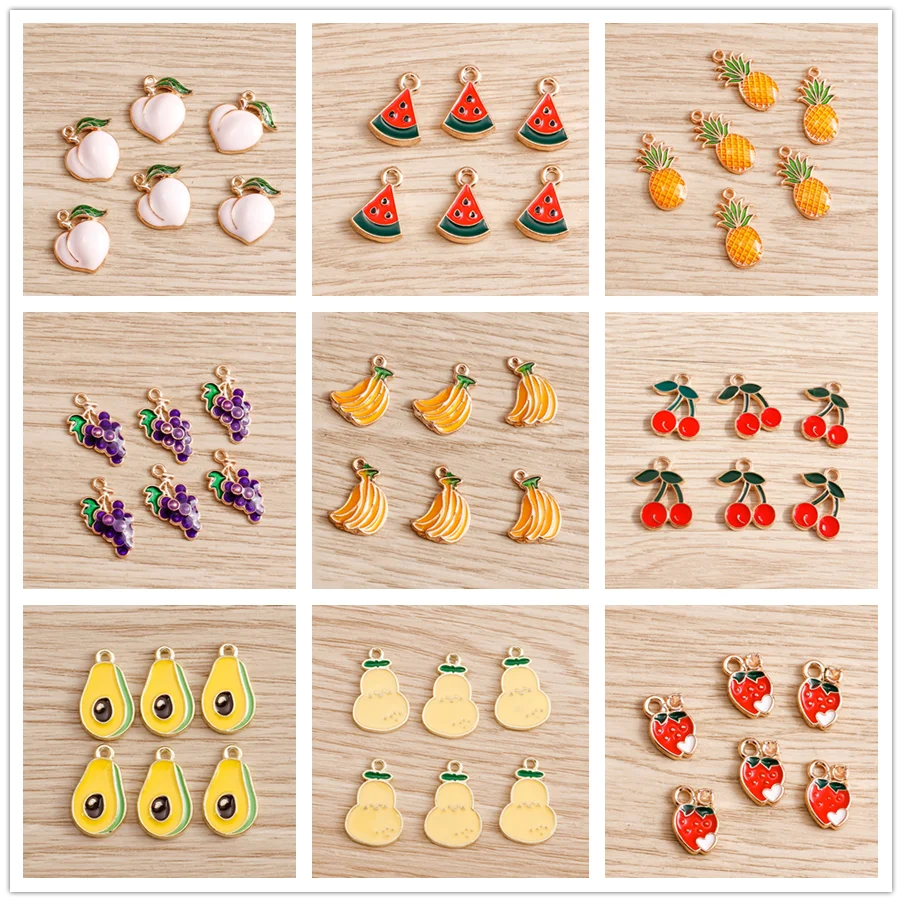 Tusember 10 Stück Niedliche Frucht-Emaille-Anhänger (Banane, Karotte, Apfel, Pfirsich, Kirsche, Erdbeere) für Schmuckherstellung, Ohrringe, Halsketten, DIY – Detail 1