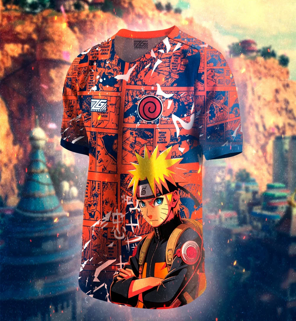 Manga de anime de Naruto - Jersey estilo - Naranja y azul Símbolo de Uzumaki Paneles cómicos Ropa de fan única para entusiastas de Naruto