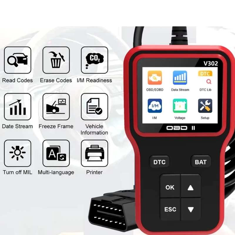 

Vehicle Engine Diagnostic Code Reader Tester V302 OBD2 Scanner Easy Plugs and Play Operations Professional Personals Use